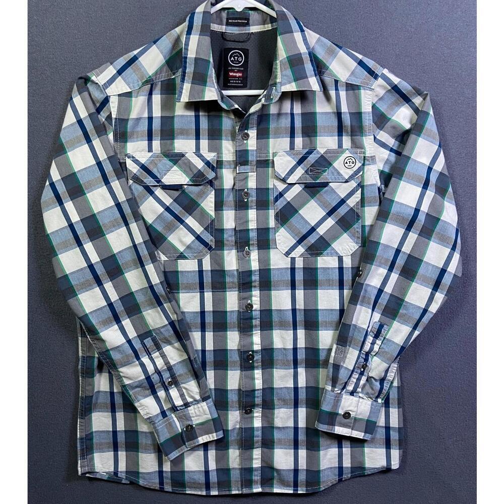 Wrangler ATG Long Sleeve Button Down Shirt Men's M Blue Green Plaid Pockets read
